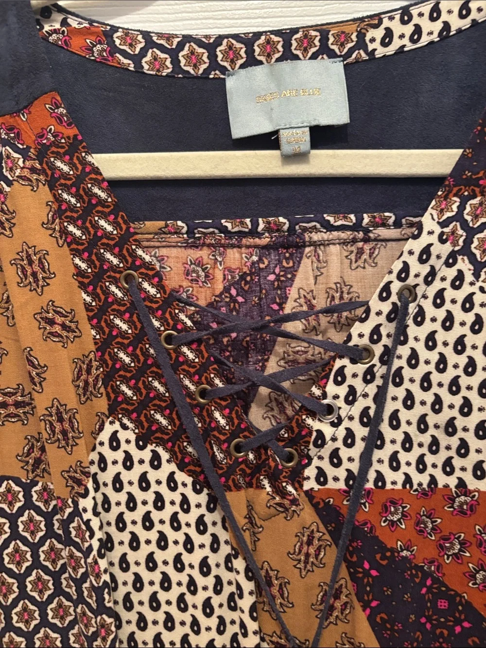 Skies Are Blue Patchwork Lace-Up V-Neck Long Sleeve Dress - Rust, Mustard & Navy